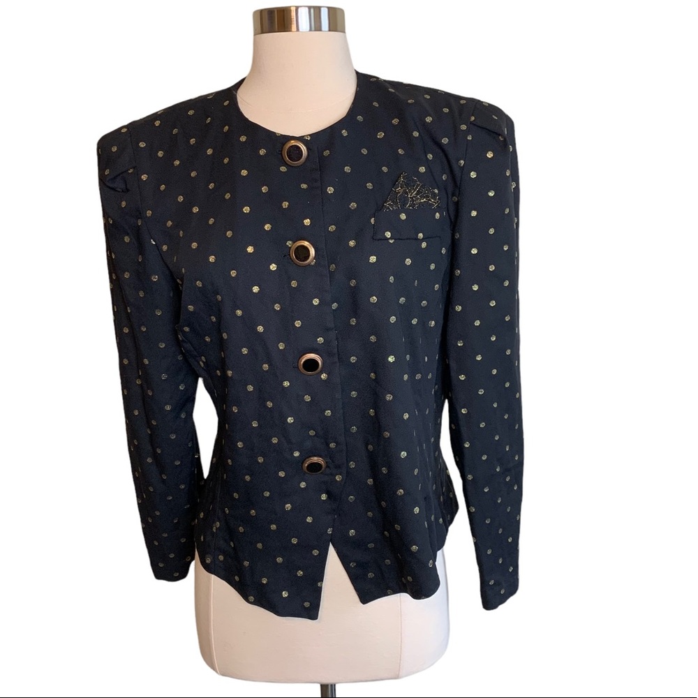Vintage 80s Stuart Alan Petites Metallic Gold Polkadot Structured Blazer Jacket